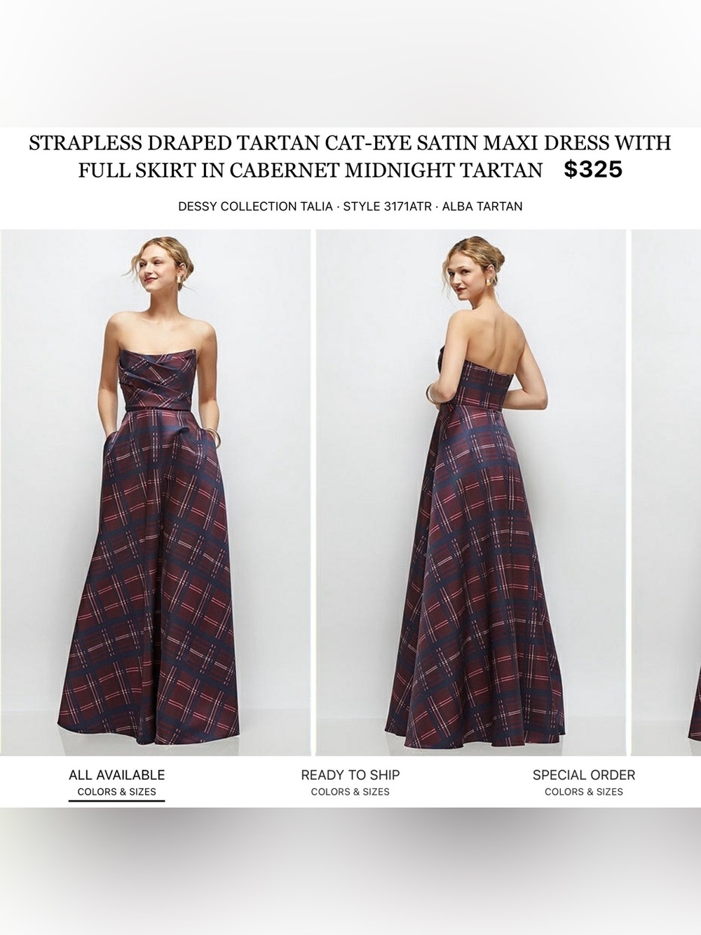Dessy Collection Strapless Tartan Satin Maxi Dress in Cabernet Midnight